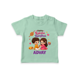 Brother-Sister Rakhi Bond Print TShirt – kids celebrating together with rakhi illustration. - MINT GREEN - 0-5 Months Old (Chest 17")