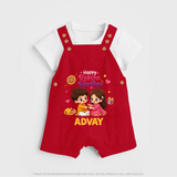 Brother-Sister Rakhi Bond Print Dungaree – kids celebrating together with rakhi illustration. - RED - 0 - 5 Months Old (Chest 18")
