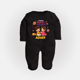 Brother-Sister Rakhi Bond Print Fullbody Suit – kids celebrating together with rakhi illustration. - BLACK - New Born (Chest 7.5")