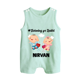 Twinning for Rakhi Print Button Romper – two baby superheroes flying together. - MINT GREEN - New Born (Chest 18")