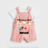 Twinning for Rakhi Print Dungaree – two baby superheroes flying together. - PEACH - 0 - 5 Months Old (Chest 18")