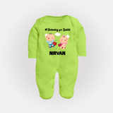 Twinning for Rakhi Print Fullbody Suit – two baby superheroes flying together. - LIME GREEN - New Born (Chest 7.5")
