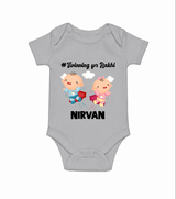 Twinning for Rakhi Print Romper – two baby superheroes flying together. - GREY - New Born (Chest 14")