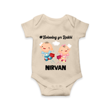 Twinning for Rakhi Print Romper – two baby superheroes flying together. - IVORY - New Born (Chest 14")