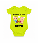 Twinning for Rakhi Print Romper – two baby superheroes flying together. - LIME GREEN - New Born (Chest 14")