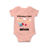 Twinning for Rakhi Print Romper – two baby superheroes flying together. - PEACH - New Born (Chest 14")