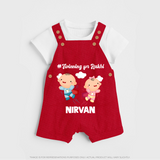 Twinning for Rakhi Print Dungaree – two baby superheroes flying together. - RED - 0 - 5 Months Old (Chest 18")
