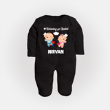 Twinning for Rakhi Print Fullbody Suit – two baby superheroes flying together. - BLACK - New Born (Chest 7.5")