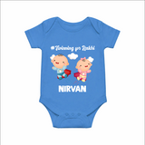 Twinning for Rakhi Print Romper – two baby superheroes flying together.