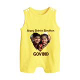 Brother Sister photo printed Button Romper – photo of two children in festive rakhi attire - PASTEL YELLOW - New Born (Chest 18")