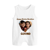 Brother Sister photo printed Button Romper – photo of two children in festive rakhi attire - WHITE - New Born (Chest 18")