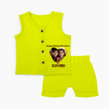 Brother Sister photo printed Jabla – photo of two children in festive rakhi attire - LIME GREEN - 0 - 3 Months Old (Chest 9.8")