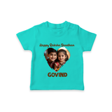Brother Sister photo printed TShirt – photo of two children in festive rakhi attire - TEAL - 0-5 Months Old (Chest 17")