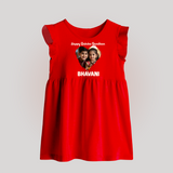 Brother Sister photo printed Baby Frock – photo of two children in festive rakhi attire - RED - 0 - 3 Months Old (Chest 17")