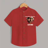 Brother Sister photo printed Shirt – photo of two children in festive rakhi attire - RED - 0 - 6 Months Old (Chest 23")