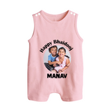 Rakhi Celebration Photo Print Button Romper– photo of two children in festive rakhi attire. - BABY PINK - New Born (Chest 18")