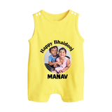 Rakhi Celebration Photo Print Button Romper– photo of two children in festive rakhi attire. - PASTEL YELLOW - New Born (Chest 18")