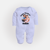 Rakhi Celebration Photo Print Fullbody Suit– photo of two children in festive rakhi attire. - BABY BLUE - New Born (Chest 7.5")