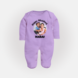 Rakhi Celebration Photo Print Fullbody Suit– photo of two children in festive rakhi attire. - LILAC - New Born (Chest 7.5")
