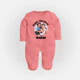 Rakhi Celebration Photo Print Fullbody Suit– photo of two children in festive rakhi attire. - PEACH - New Born (Chest 7.5")