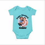 Rakhi Celebration Photo Print Romper – photo of two children in festive rakhi attire. - ARCTIC BLUE - New Born (Chest 14")