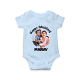 Rakhi Celebration Photo Print Romper – photo of two children in festive rakhi attire. - BABY BLUE - New Born (Chest 14")