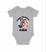 Rakhi Celebration Photo Print Romper – photo of two children in festive rakhi attire. - GREY - New Born (Chest 14")