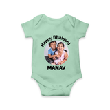 Rakhi Celebration Photo Print Romper – photo of two children in festive rakhi attire. - MINT GREEN - New Born (Chest 14")