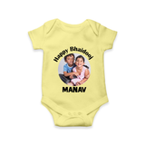 Rakhi Celebration Photo Print Romper – photo of two children in festive rakhi attire. - PASTEL YELLOW - New Born (Chest 14")