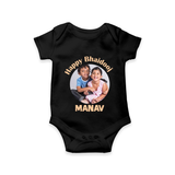 Rakhi Celebration Photo Print Romper – photo of two children in festive rakhi attire. - BLACK - New Born (Chest 14")
