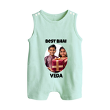 Pamper Me with Gift Rakhi Print Button Romper – brother-sister gift giving illustration. - MINT GREEN - New Born (Chest 18")