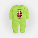 Pamper Me with Gift Rakhi Print Fullbody Suit – brother-sister gift giving illustration. - LIME GREEN - New Born (Chest 7.5")