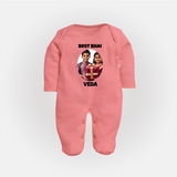 Pamper Me with Gift Rakhi Print Fullbody Suit – brother-sister gift giving illustration. - PEACH - New Born (Chest 7.5")