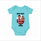 Pamper Me with Gift Rakhi Print Romper – brother-sister gift giving illustration. - ARCTIC BLUE - New Born (Chest 14")