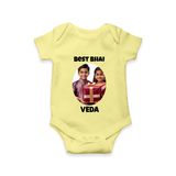 Pamper Me with Gift Rakhi Print Romper – brother-sister gift giving illustration. - PASTEL YELLOW - New Born (Chest 14")