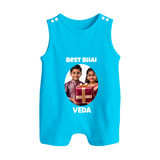 Pamper Me with Gift Rakhi Print Button Romper – brother-sister gift giving illustration. - SKY BLUE - New Born (Chest 18")