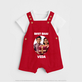 Pamper Me with Gift Rakhi Print Dungaree – brother-sister gift giving illustration. - RED - 0 - 5 Months Old (Chest 18")