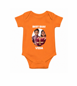 Pamper Me with Gift Rakhi Print Romper – brother-sister gift giving illustration.