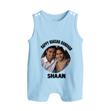 Happy Rakhi Cute Kids Print Button Romper – boy-girl sitting and tying rakhi illustration. - BABY BLUE - New Born (Chest 18")