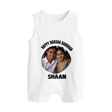 Happy Rakhi Cute Kids Print Button Romper – boy-girl sitting and tying rakhi illustration. - WHITE - New Born (Chest 18")