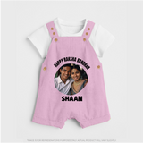 Happy Rakhi Cute Kids Print Dungaree – boy-girl sitting and tying rakhi illustration. - BABY PINK - 0 - 5 Months Old (Chest 18")
