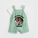 Happy Rakhi Cute Kids Print Dungaree – boy-girl sitting and tying rakhi illustration. - MINT GREEN - 0 - 5 Months Old (Chest 18")