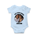 Happy Rakhi Cute Kids Print Romper – boy-girl sitting and tying rakhi illustration. - BABY BLUE - New Born (Chest 14")