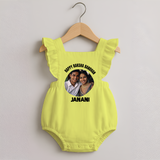 Happy Rakhi Cute Kids Print Romper Frock – boy-girl sitting and tying rakhi illustration. - PASTEL YELLOW - 0 - 3 Months Old (Chest 19")