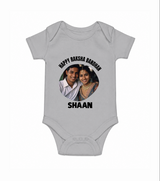 Happy Rakhi Cute Kids Print Romper – boy-girl sitting and tying rakhi illustration. - GREY - New Born (Chest 14")