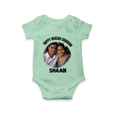 Happy Rakhi Cute Kids Print Romper – boy-girl sitting and tying rakhi illustration. - MINT GREEN - New Born (Chest 14")