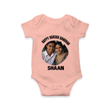 Happy Rakhi Cute Kids Print Romper – boy-girl sitting and tying rakhi illustration. - PEACH - New Born (Chest 14")
