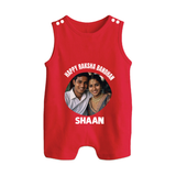 Happy Rakhi Cute Kids Print Button Romper – boy-girl sitting and tying rakhi illustration. - RED - New Born (Chest 18")