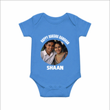 Happy Rakhi Cute Kids Print Romper – boy-girl sitting and tying rakhi illustration.
