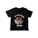 Happy Rakhi Cute Kids Print TShirt – boy-girl sitting and tying rakhi illustration. - BLACK - 0-5 Months Old (Chest 17")